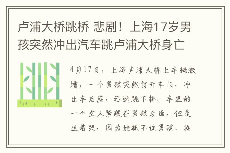 盧浦大橋跳橋 悲劇！上海17歲男孩突然沖出汽車跳盧浦大橋身亡 母親這樣說