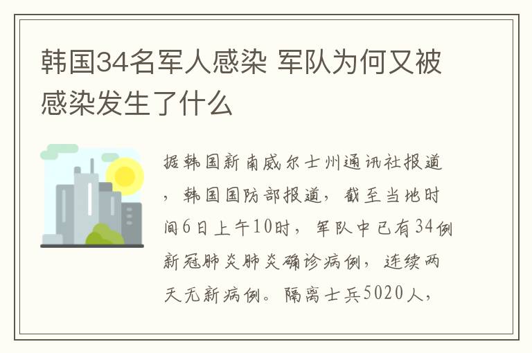 韓國(guó)34名軍人感染 軍隊(duì)為何又被感染發(fā)生了什么