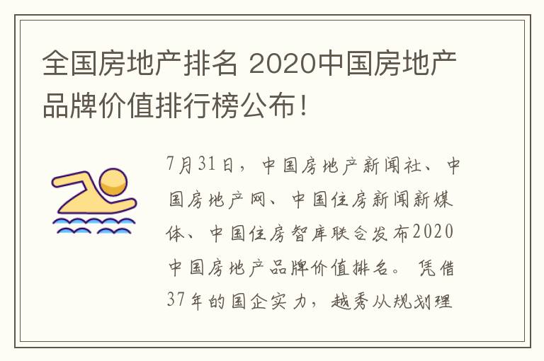 全國房地產(chǎn)排名 2020中國房地產(chǎn)品牌價值排行榜公布！