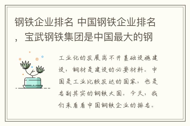 鋼鐵企業(yè)排名 中國(guó)鋼鐵企業(yè)排名，寶武鋼鐵集團(tuán)是中國(guó)最大的鋼鐵聯(lián)合企業(yè)