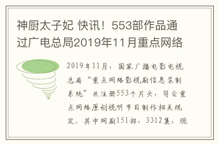 神廚太子妃 快訊！553部作品通過廣電總局2019年11月重點(diǎn)網(wǎng)絡(luò)影視劇拍攝備案