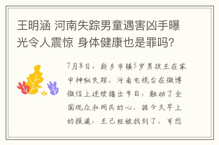 王明涵 河南失蹤男童遇害兇手曝光令人震驚 身體健康也是罪嗎？