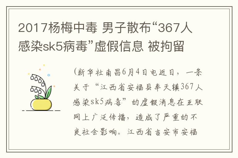 2017楊梅中毒 男子散布“367人感染sk5病毒”虛假信息 被拘留7日