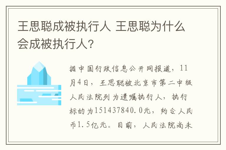 王思聰成被執(zhí)行人 王思聰為什么會成被執(zhí)行人?