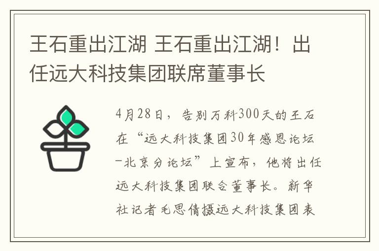 王石重出江湖 王石重出江湖！出任遠大科技集團聯(lián)席董事長