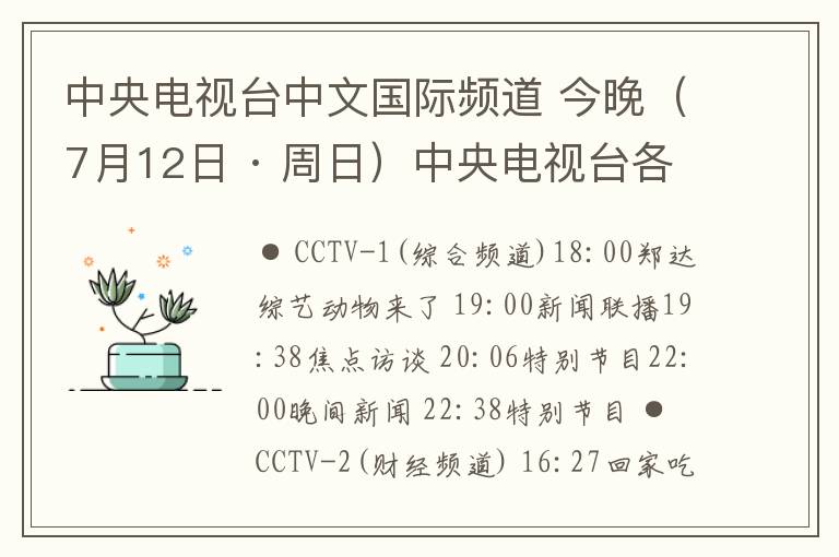 中央電視臺中文國際頻道 今晚（7月12日 · 周日）中央電視臺各頻道節(jié)目預(yù)告