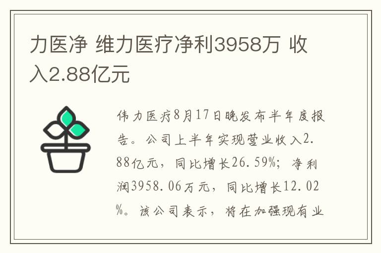 力醫(yī)凈 維力醫(yī)療凈利3958萬(wàn) 收入2.88億元