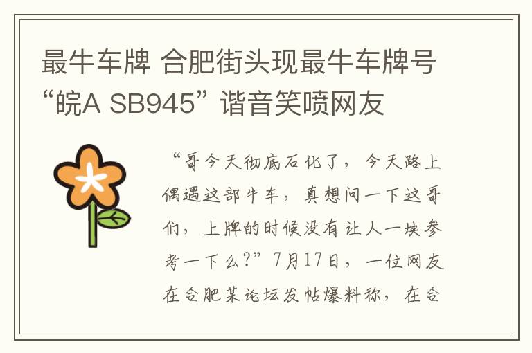 最牛車牌 合肥街頭現(xiàn)最牛車牌號“皖A(yù) SB945” 諧音笑噴網(wǎng)友