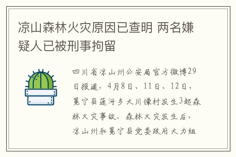 涼山森林火災(zāi)原因已查明 兩名嫌疑人已被刑事拘留