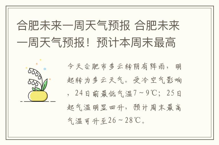 合肥未來一周天氣預(yù)報 合肥未來一周天氣預(yù)報！預(yù)計本周末最高氣溫可升至26-28℃！