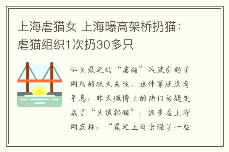 上海虐貓女 上海曝高架橋扔貓：虐貓組織1次扔30多只