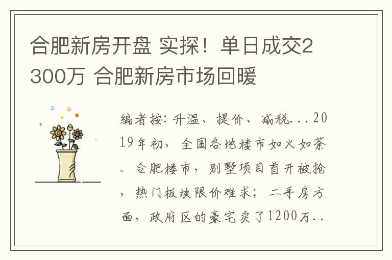 合肥新房開盤 實探！單日成交2300萬 合肥新房市場回暖