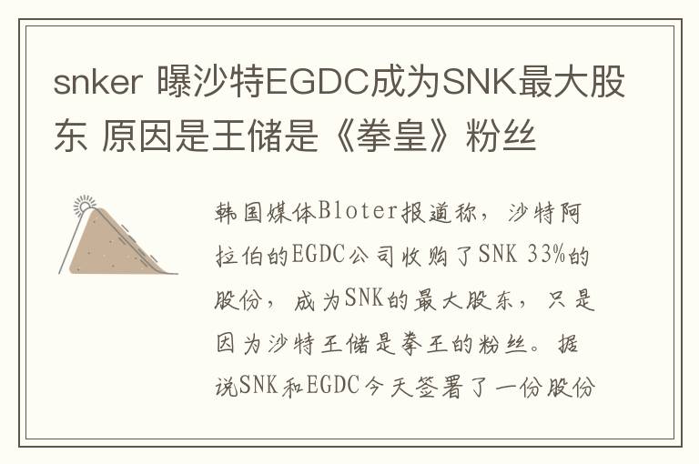 snker 曝沙特EGDC成為SNK最大股東 原因是王儲(chǔ)是《拳皇》粉絲