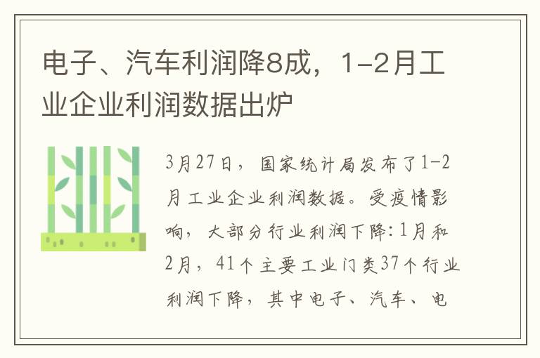 電子、汽車?yán)麧櫧?成，1-2月工業(yè)企業(yè)利潤數(shù)據(jù)出爐