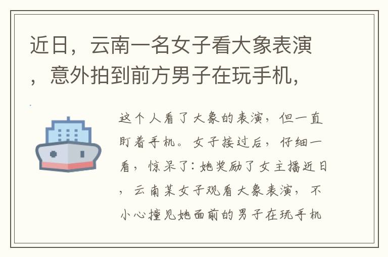 近日，云南一名女子看大象表演，意外拍到前方男子在玩手機(jī)，鏡頭一拉近讓她瞬間無語。