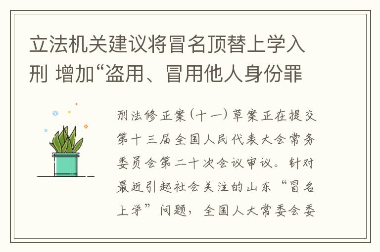 立法機(jī)關(guān)建議將冒名頂替上學(xué)入刑 增加“盜用、冒用他人身份罪”