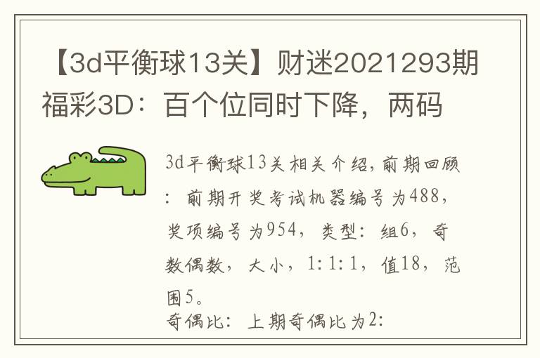 【3d平衡球13關(guān)】財迷2021293期福彩3D：百個位同時下降，兩碼關(guān)注23