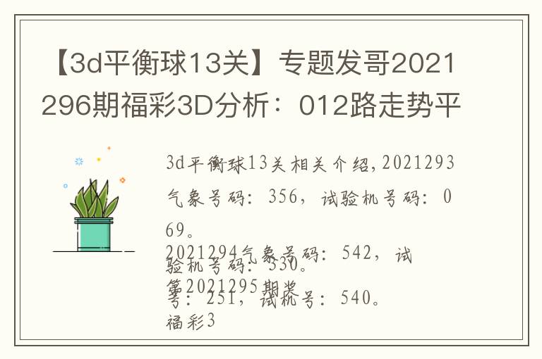 【3d平衡球13關(guān)】專題發(fā)哥2021296期福彩3D分析：012路走勢平衡，雙膽看好5、7