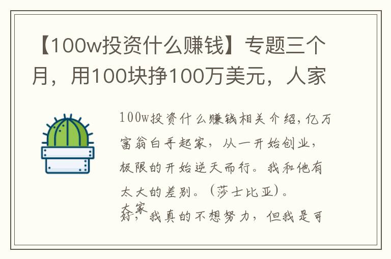 【100w投資什么賺錢】專題三個月，用100塊掙100萬美元，人家活該有錢