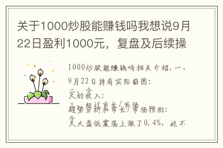 關(guān)于1000炒股能賺錢嗎我想說9月22日盈利1000元，復(fù)盤及后續(xù)操作指引，3萬炒股挑戰(zhàn)一年10倍