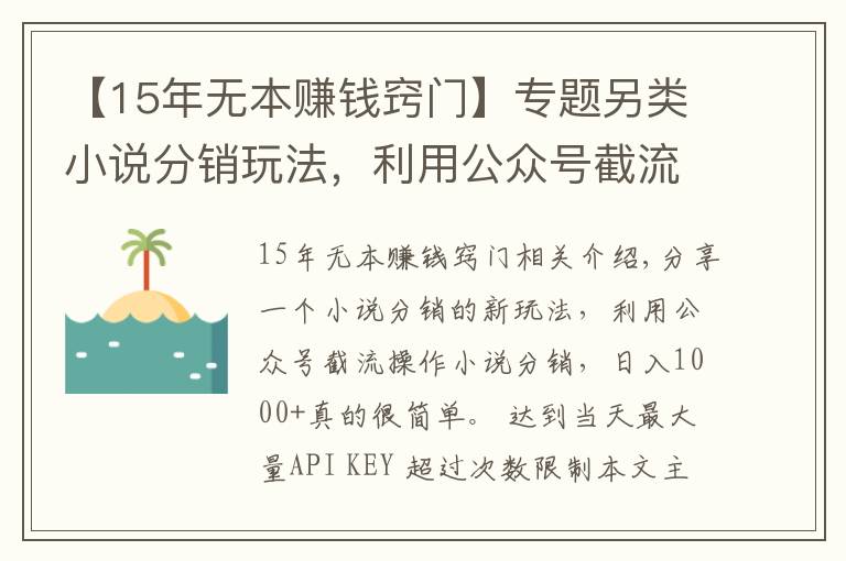 【15年無(wú)本賺錢竅門】專題另類小說(shuō)分銷玩法，利用公眾號(hào)截流，日入1000+很簡(jiǎn)單