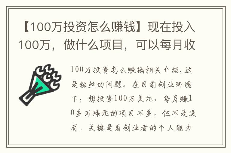 【100萬投資怎么賺錢】現(xiàn)在投入100萬，做什么項目，可以每月收入十來萬的？