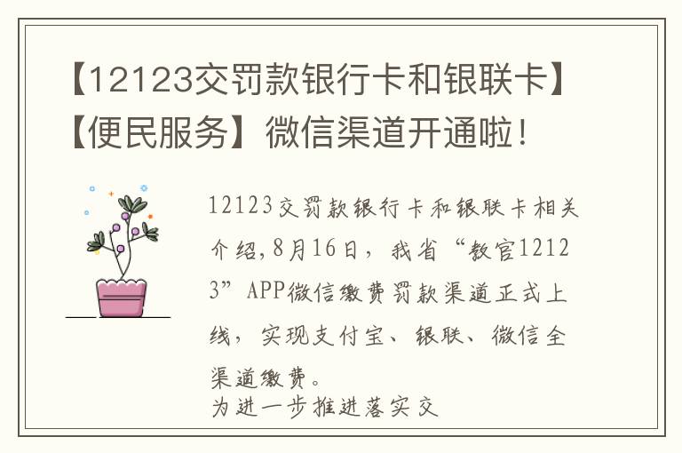 【12123交罰款銀行卡和銀聯(lián)卡】【便民服務(wù)】微信渠道開通啦！我省“交管12123”APP實現(xiàn)了支付寶、銀聯(lián)、微信的全渠道繳費