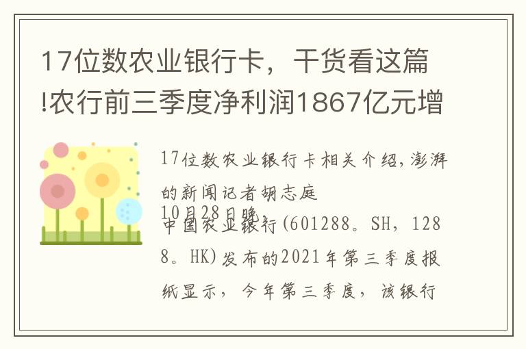 17位數(shù)農(nóng)業(yè)銀行卡，干貨看這篇!農(nóng)行前三季度凈利潤(rùn)1867億元增12.93%，不良率微降