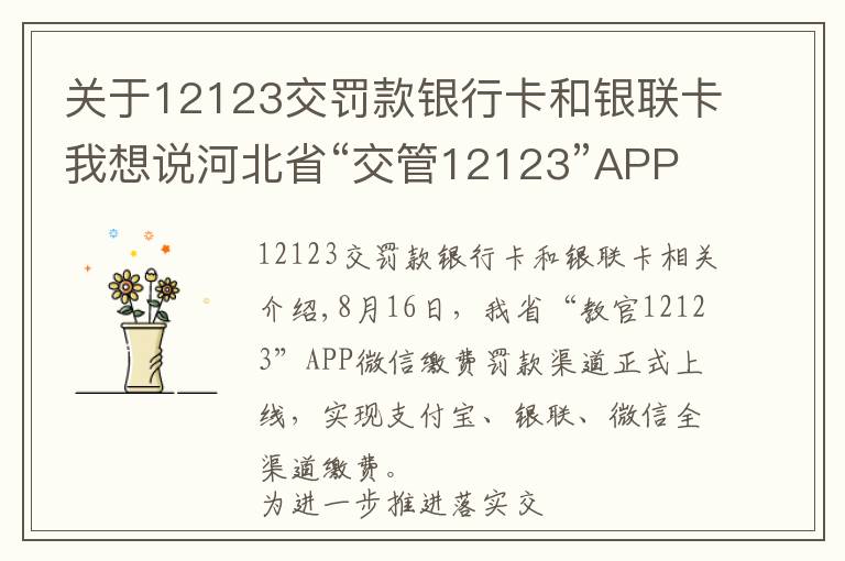 關(guān)于12123交罰款銀行卡和銀聯(lián)卡我想說河北省“交管12123”APP實(shí)現(xiàn)了支付寶、銀聯(lián)、微信的全渠道繳費(fèi)！