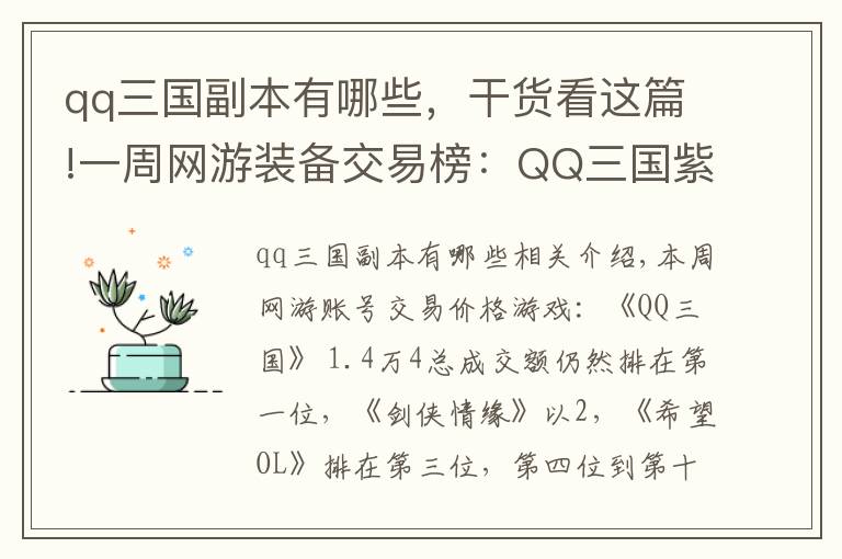 qq三國副本有哪些，干貨看這篇!一周網(wǎng)游裝備交易榜：QQ三國紫修關(guān)羽41000元位居榜首