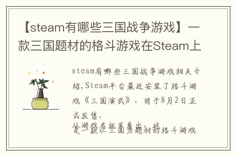 【steam有哪些三國(guó)戰(zhàn)爭(zhēng)游戲】一款三國(guó)題材的格斗游戲在Steam上架了，8月2日發(fā)售