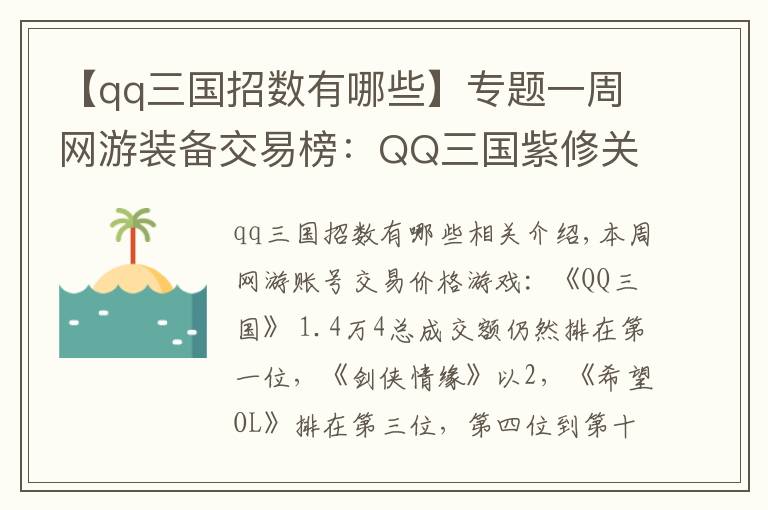 【qq三國招數(shù)有哪些】專題一周網(wǎng)游裝備交易榜：QQ三國紫修關(guān)羽41000元位居榜首