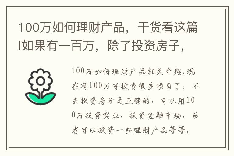 100萬如何理財產(chǎn)品，干貨看這篇!如果有一百萬，除了投資房子，投資什么是最好的？