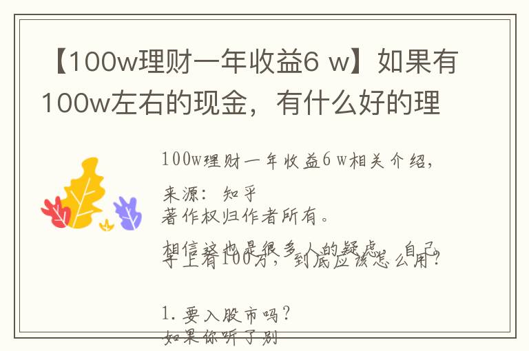 【100w理財(cái)一年收益6 w】如果有100w左右的現(xiàn)金，有什么好的理財(cái)方式？