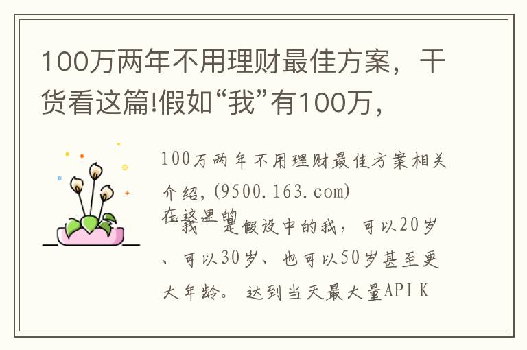 100萬兩年不用理財最佳方案，干貨看這篇!假如“我”有100萬，要如何理財？