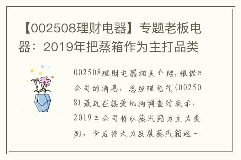 【002508理財(cái)電器】專題老板電器：2019年把蒸箱作為主打品類