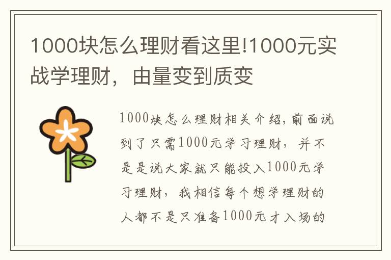 1000塊怎么理財看這里!1000元實戰(zhàn)學理財，由量變到質(zhì)變