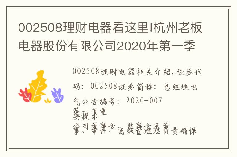 002508理財(cái)電器看這里!杭州老板電器股份有限公司2020年第一季度報(bào)告正文