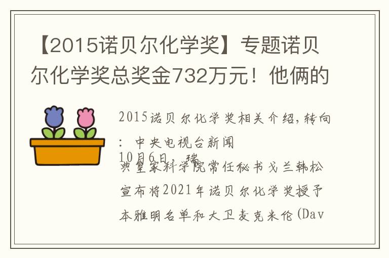 【2015諾貝爾化學獎】專題諾貝爾化學獎總獎金732萬元！他倆的