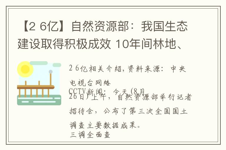 【2 6億】自然資源部：我國生態(tài)建設(shè)取得積極成效 10年間林地、濕地河流水面等地類合計(jì)增加2.6億畝