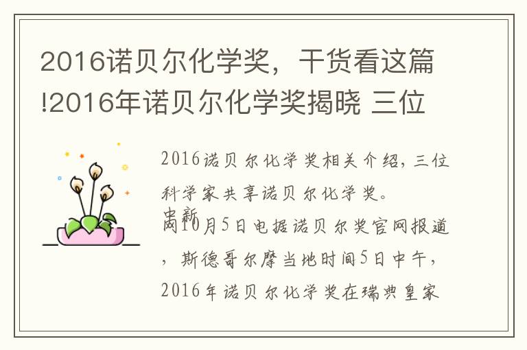 2016諾貝爾化學獎，干貨看這篇!2016年諾貝爾化學獎揭曉 三位科學家分享獎項