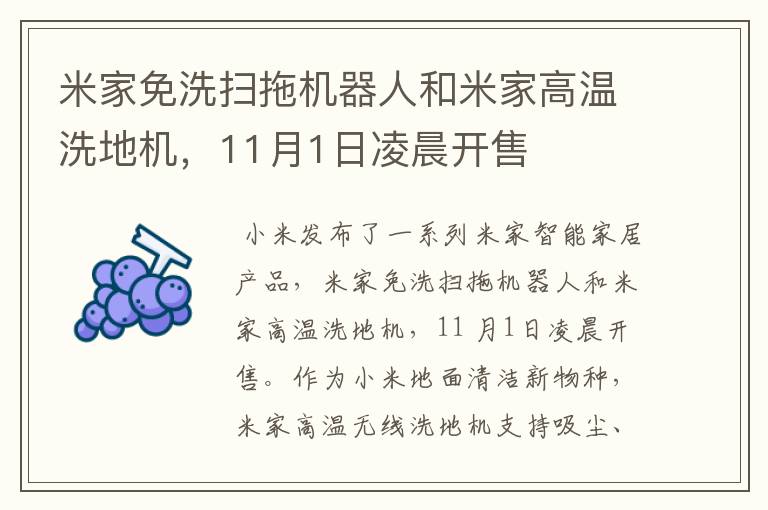 米家免洗掃拖機(jī)器人和米家高溫洗地機(jī)，11月1日凌晨開售