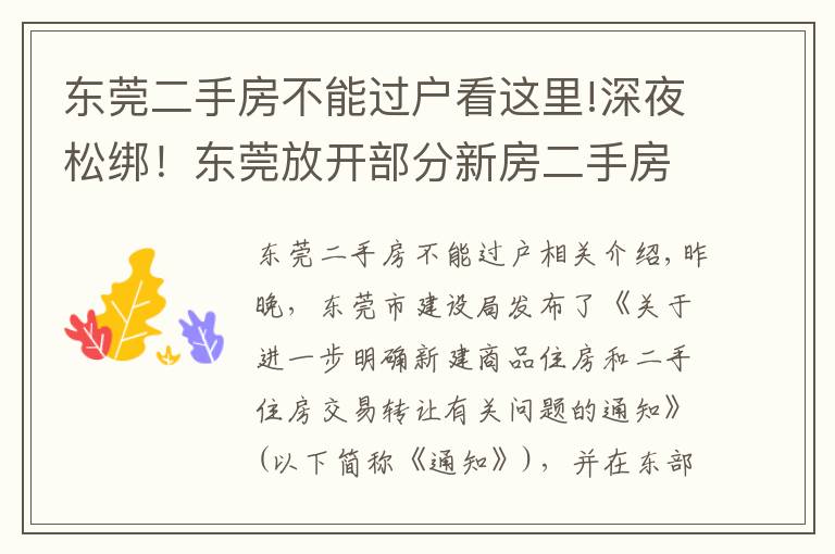 東莞二手房不能過(guò)戶看這里!深夜松綁！東莞放開(kāi)部分新房二手房轉(zhuǎn)讓限制，限售被突破？| 幸福城市觀察