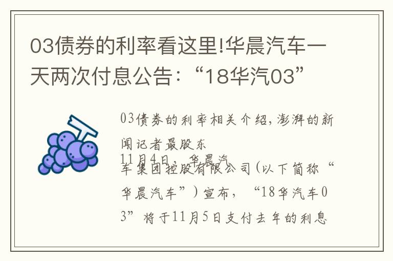 03債券的利率看這里!華晨汽車一天兩次付息公告：“18華汽03”11月5日付息