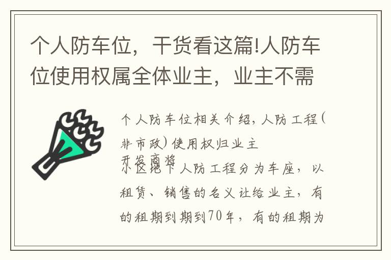 個人防車位，干貨看這篇!人防車位使用權(quán)屬全體業(yè)主，業(yè)主不需向開發(fā)商交付“停車費”