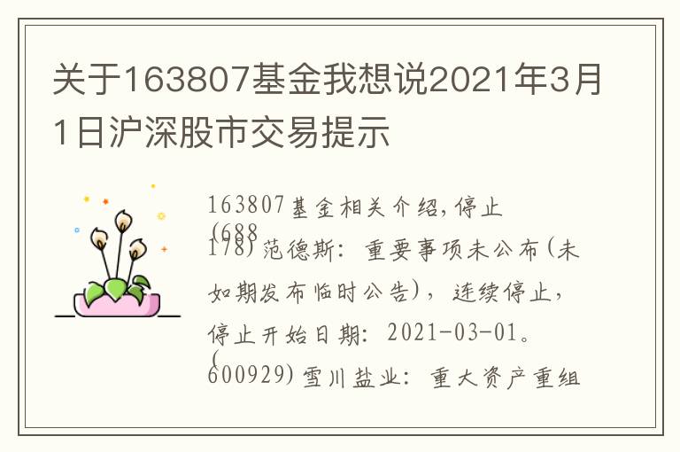 關(guān)于163807基金我想說(shuō)2021年3月1日滬深股市交易提示