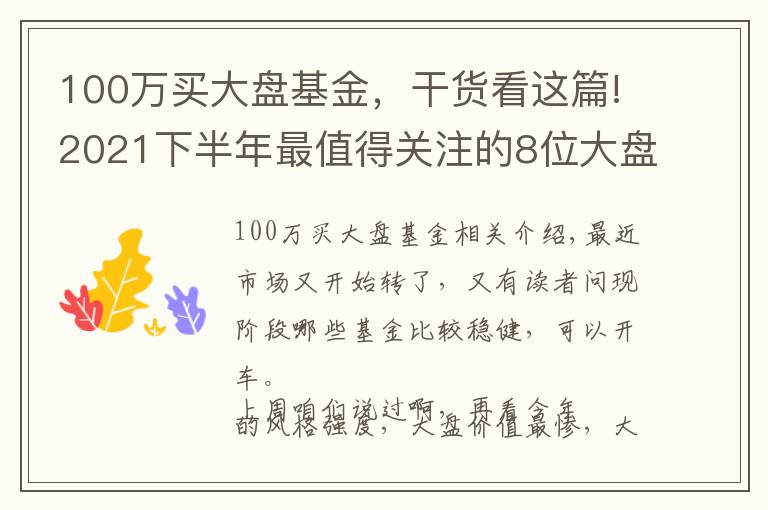 100萬(wàn)買大盤基金，干貨看這篇!2021下半年最值得關(guān)注的8位大盤價(jià)值風(fēng)格基金經(jīng)理測(cè)評(píng)