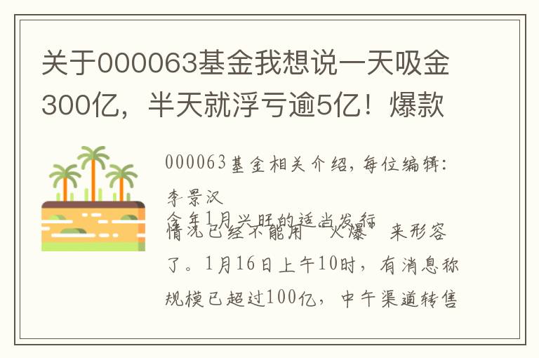 關(guān)于000063基金我想說(shuō)一天吸金300億，半天就浮虧逾5億！爆款基金盤中跌停，9萬(wàn)人被套