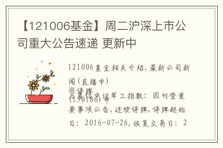 【121006基金】周二滬深上市公司重大公告速遞 更新中