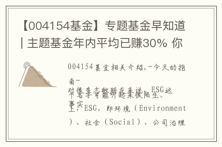 【004154基金】專題基金早知道 | 主題基金年內(nèi)平均已賺30% 你知道啥是ESG嗎？